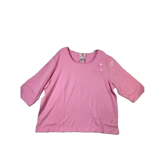 Quacker Factory T-Shirt Womens Plus 2X Pink Rhinestone Beaded Embroidered Floral - Picture 1 of 9